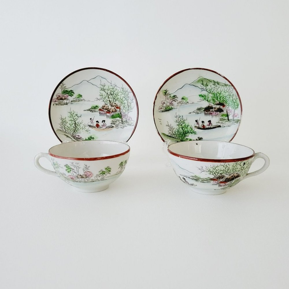 Japanese Kutani Landscape Teacups Saucers Vintage Nippon Red Trim Lake Mountain